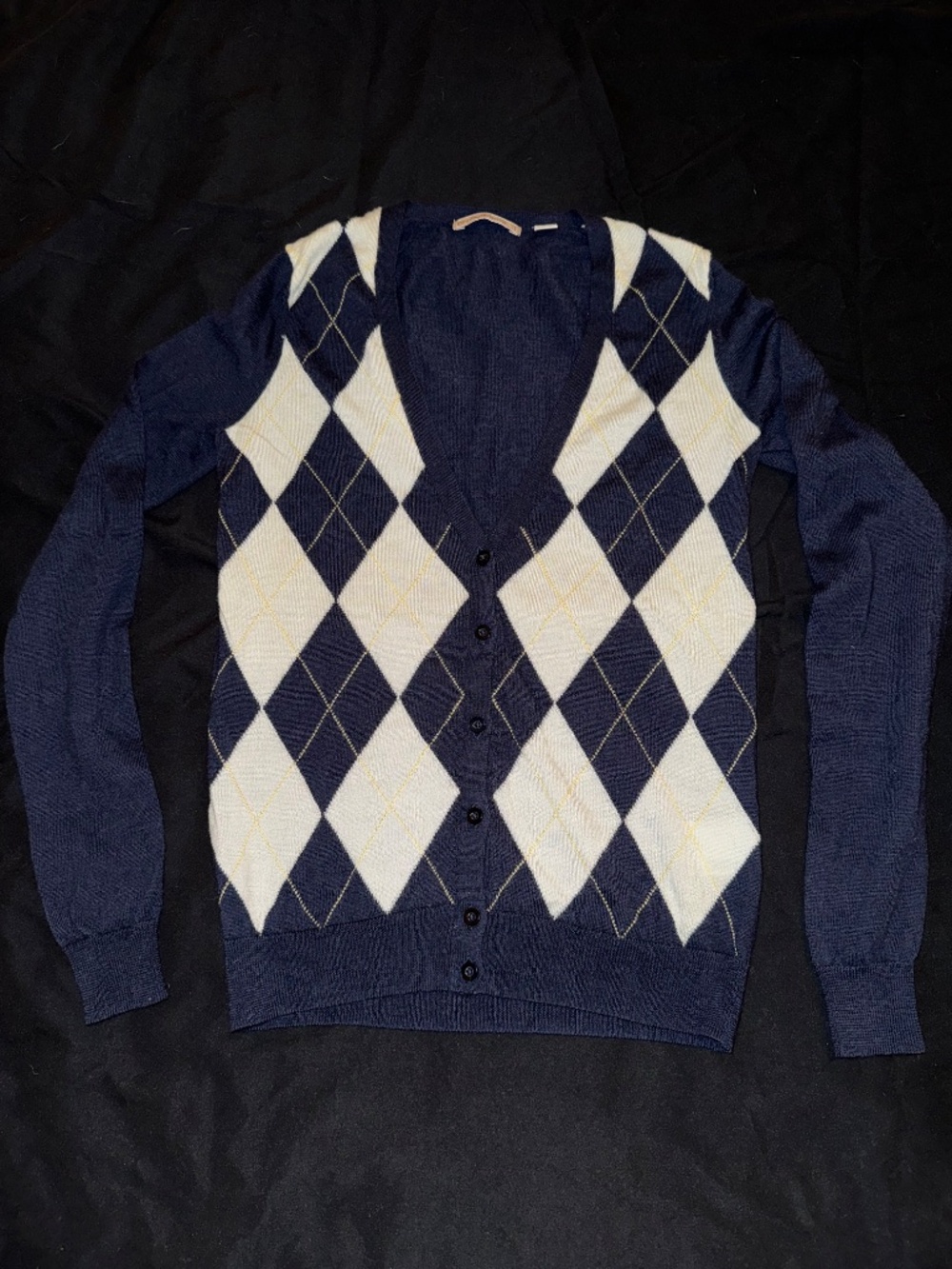 Uniqlo Extra Fine Navy Merino Wool Argyle Cardigan Sweater - size XS
